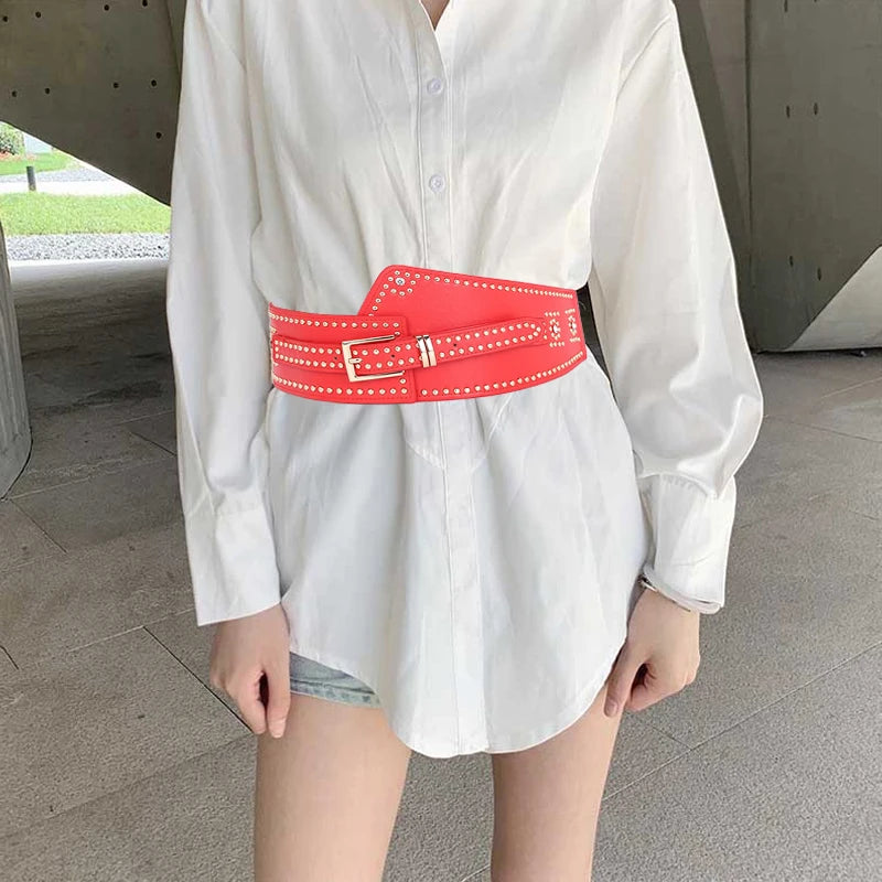 Gothic Studded Corset Waist Cincher Rivet Belts Stretch Elastic Wide Belts Dress Coat Red