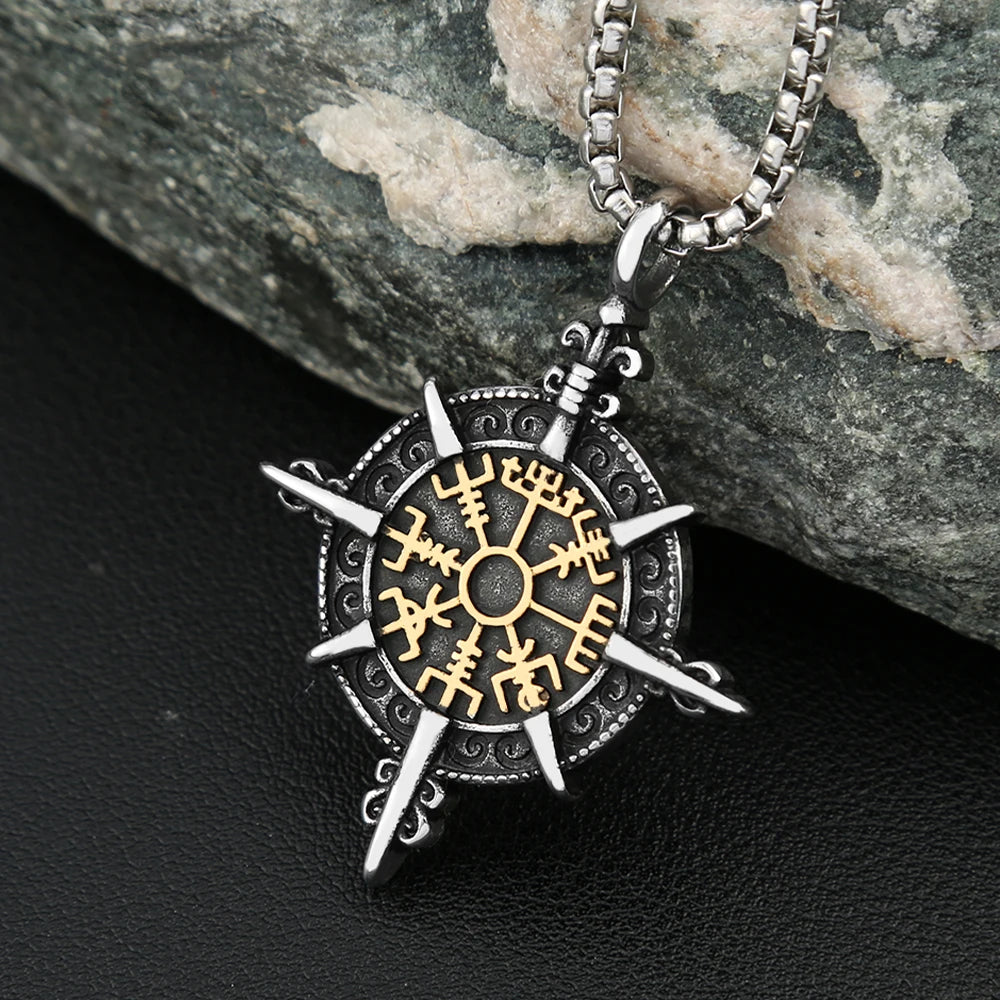 Vintage Viking Vegvisir Compass Pendant Necklaces For Men Stainless Steel Nordic Amulet Necklace