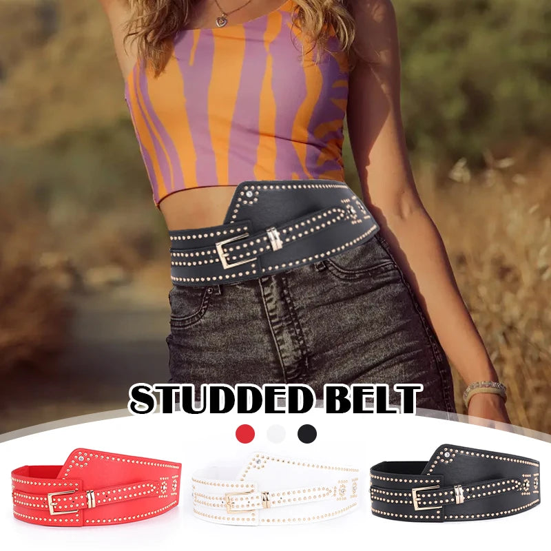 Gothic Studded Corset Waist Cincher Rivet Belts Stretch Elastic Wide Belts Dress Coat Black