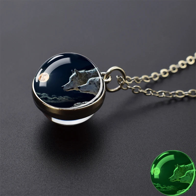 Glow in the Dark Wolf Necklaces Howling Wolf Head and Moon 2CM Glass Ball Pendant Double Sided