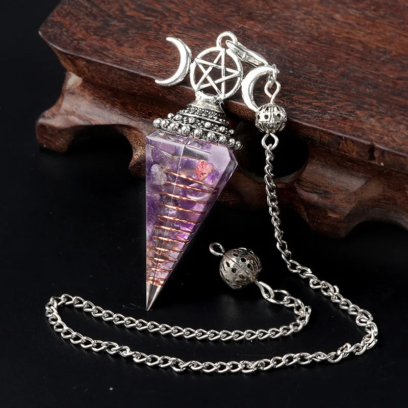 Natural Stone Crystal Reiki Pendulum Three Phases Moon Hexagonal Cone Amethysts Charms