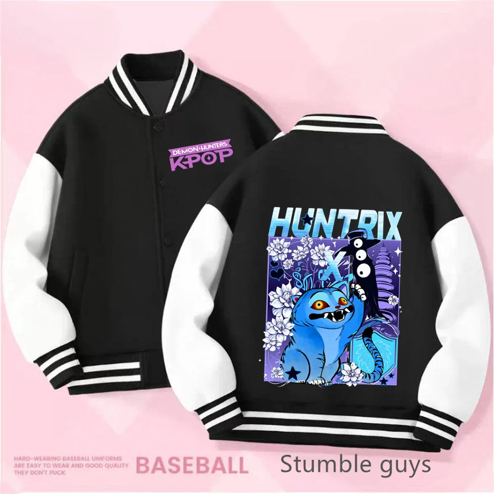 Kpop Demon Hunters Baseball Varsity Jacket Kids Rumi Mira Zoey Huntrix Derpy Tiger Coat Merch Gifts