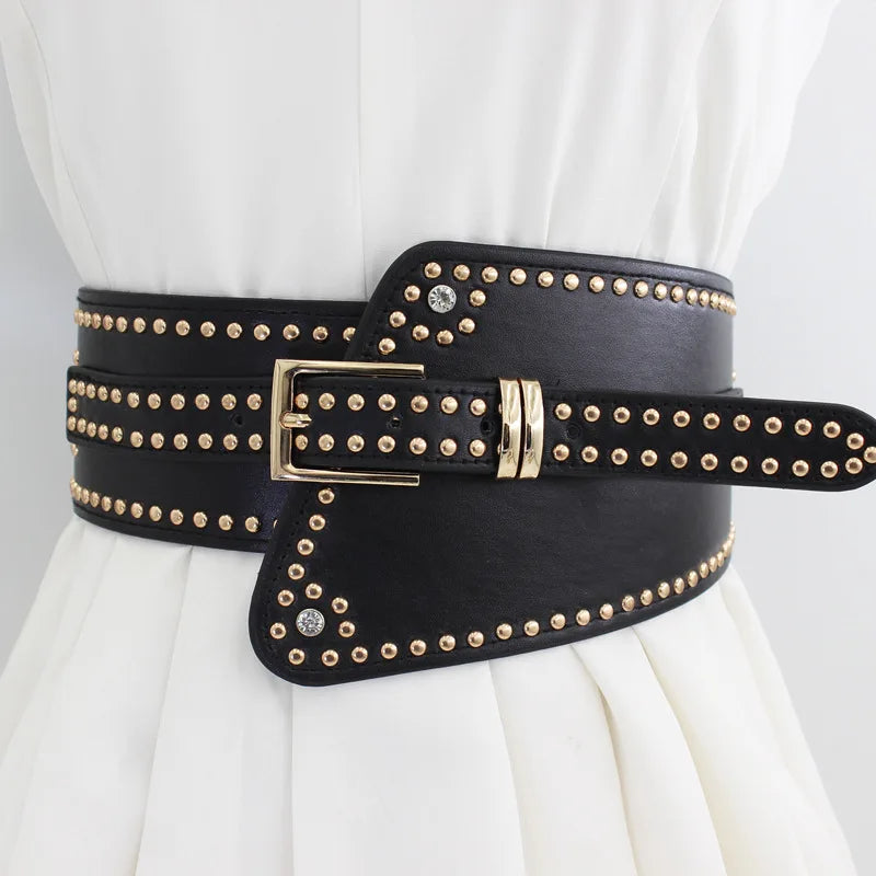Gothic Studded Corset Waist Cincher Rivet Belts Elastic Wide Belts Dress Coat Red White Black