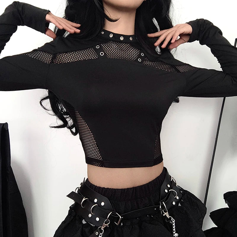 Sexy Gothic Punk Black Fishnet Mesh Long Sleeve Top Rivet Detail