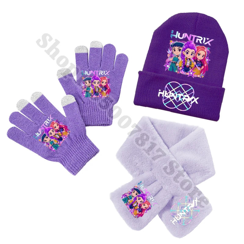 KPop Demon Hunters Kids Winter Knitted Hat Scarf Gloves Set Saja Boys K-pop Merch Huntrix Gifts