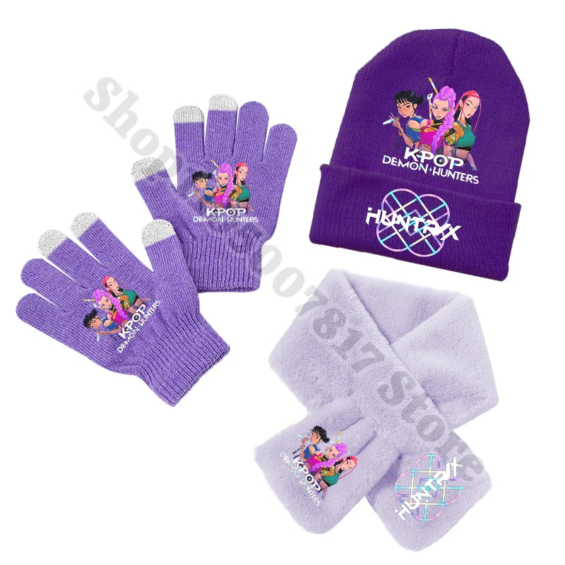 KPop Demon Hunters Kids Winter Knitted Hat Scarf Gloves Set Saja Boys K-pop Merch Huntrix Gifts