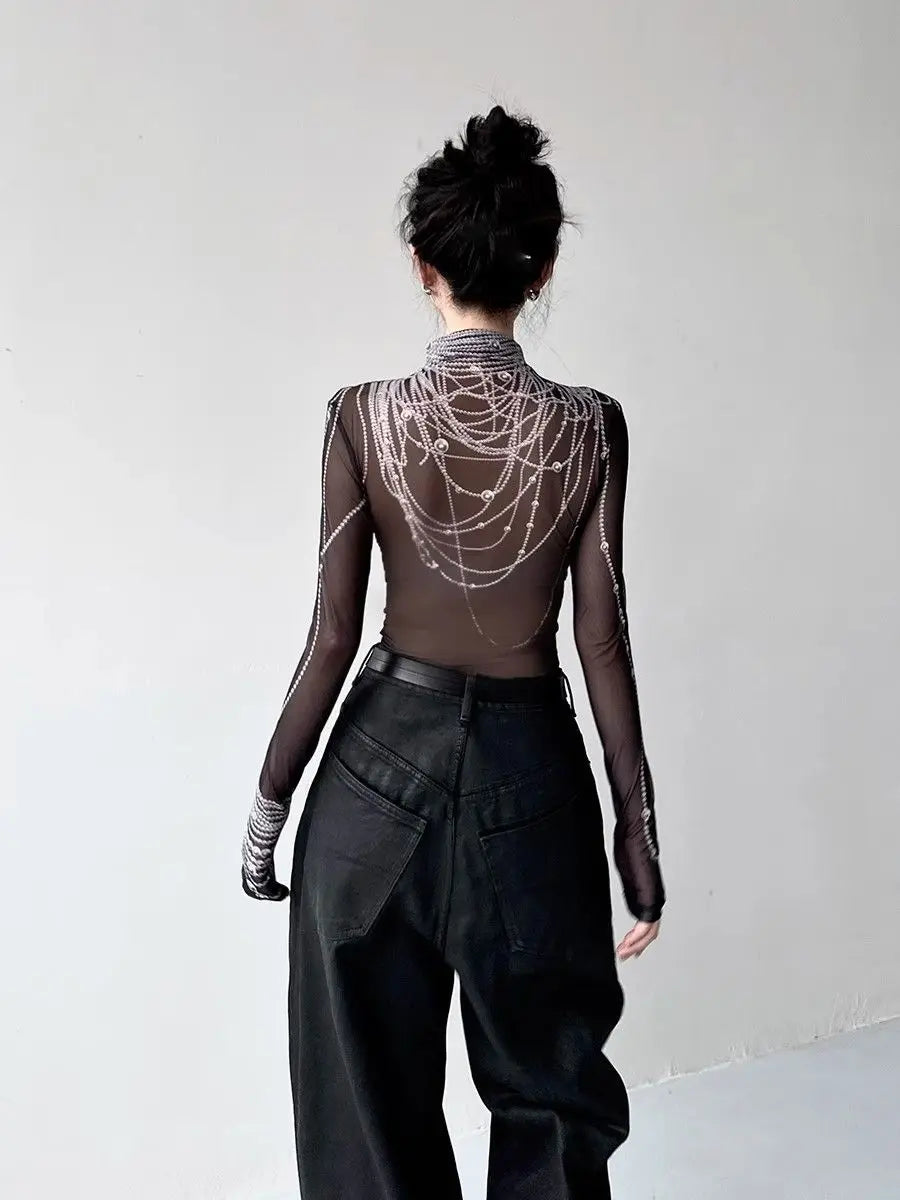 Sexy Gothic Grunge Long Sleeve Mesh Sheer Y2k Top