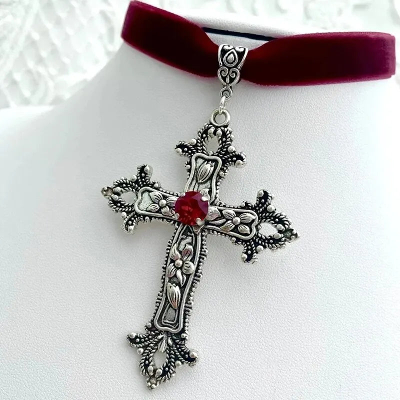 Classic Gothic Large Cross Victorian Vampire Red Velvet Choker Necklace