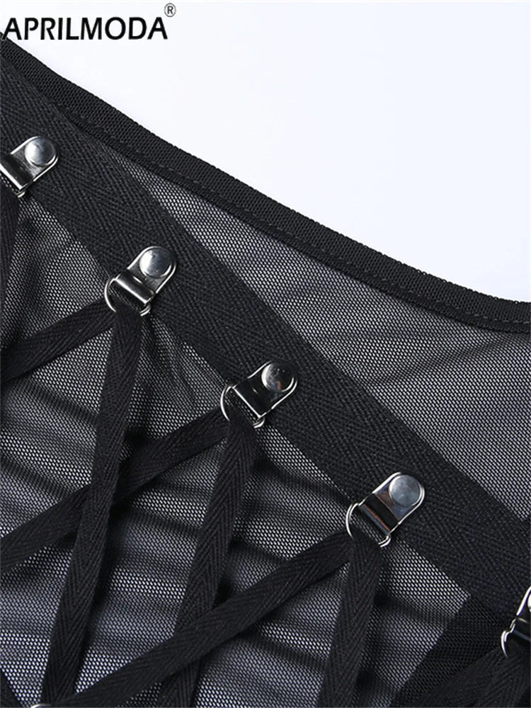 Sexy Punk Gothic Halter Sheer Buckle Mesh Backless Lace up Crop Top