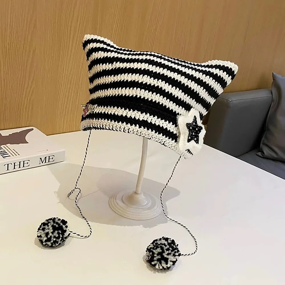 Cat Ears Pointed Striped Devil Star Knit Emo Pom Pom Beanie Hat