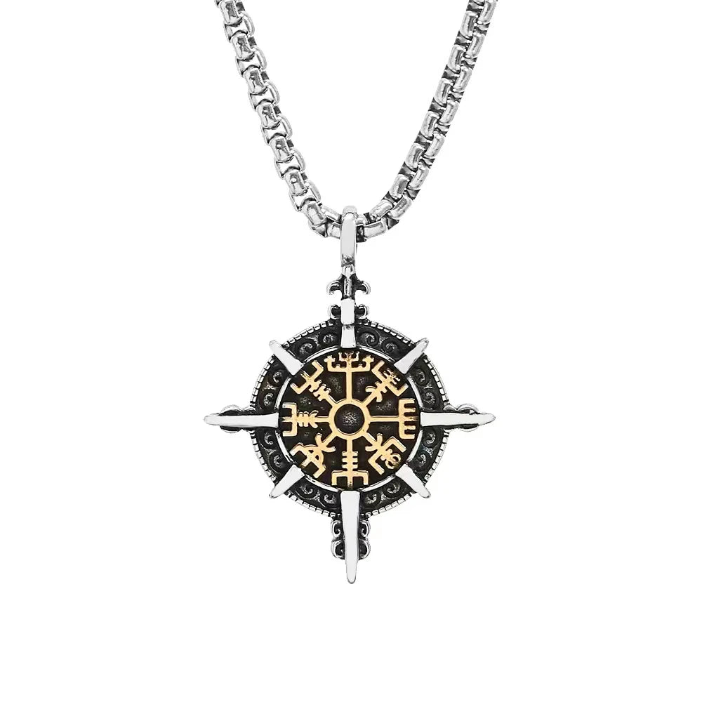 Vintage Viking Vegvisir Compass Pendant Necklaces For Men Stainless Steel Nordic Amulet Necklace