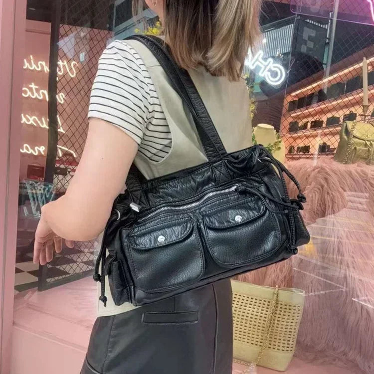 Punk Multiple Pockets Motorcycle Bag Retro Shoulder Bags Soft Pu Leather Handbags