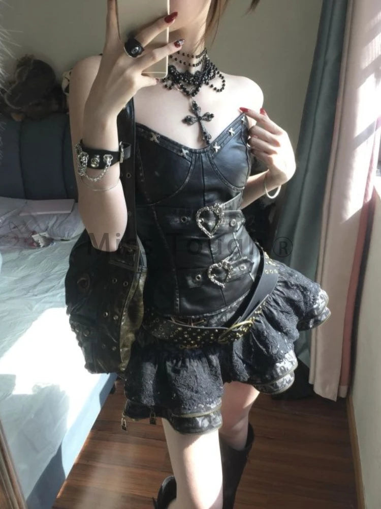 Gothic Black Strapless Corset Top Lace Rara Mini Skirt 2 Piece Outfit