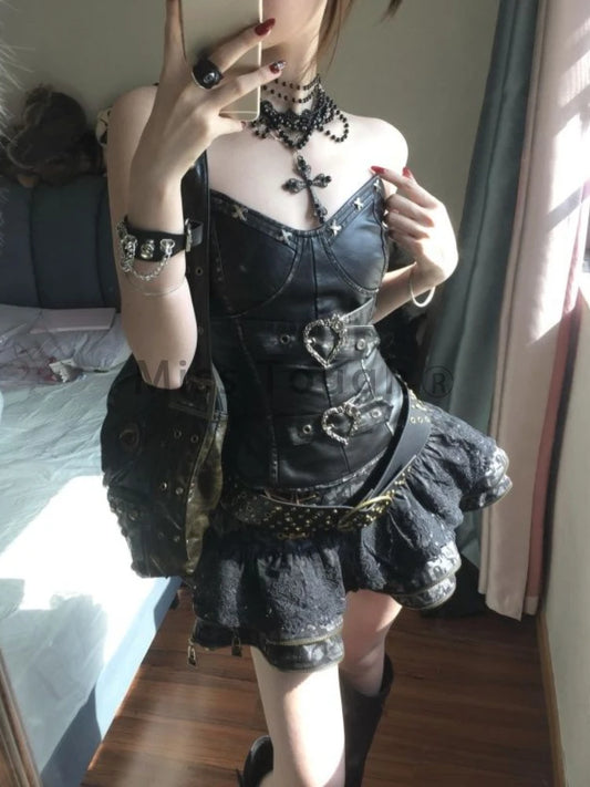 Gothic Black Strapless Corset Top Lace Rara Mini Skirt 2 Piece Outfit