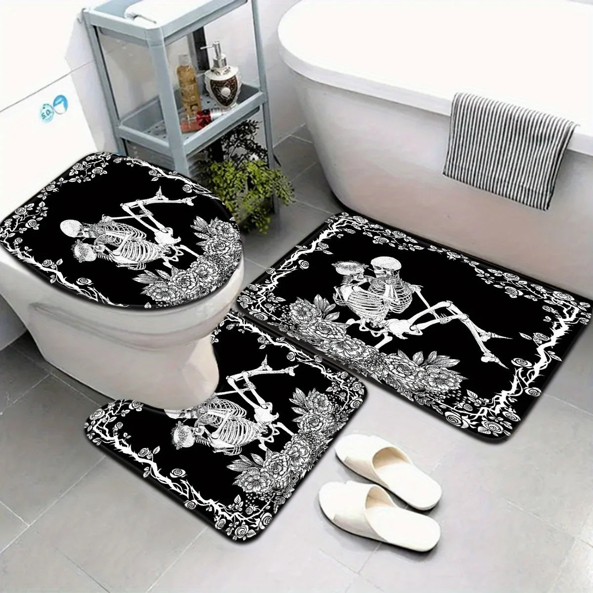 Gothic Skeleton Bathroom Set - Soft & Non-slip Contour Mat, Toilet Cover, Bathtub Mat