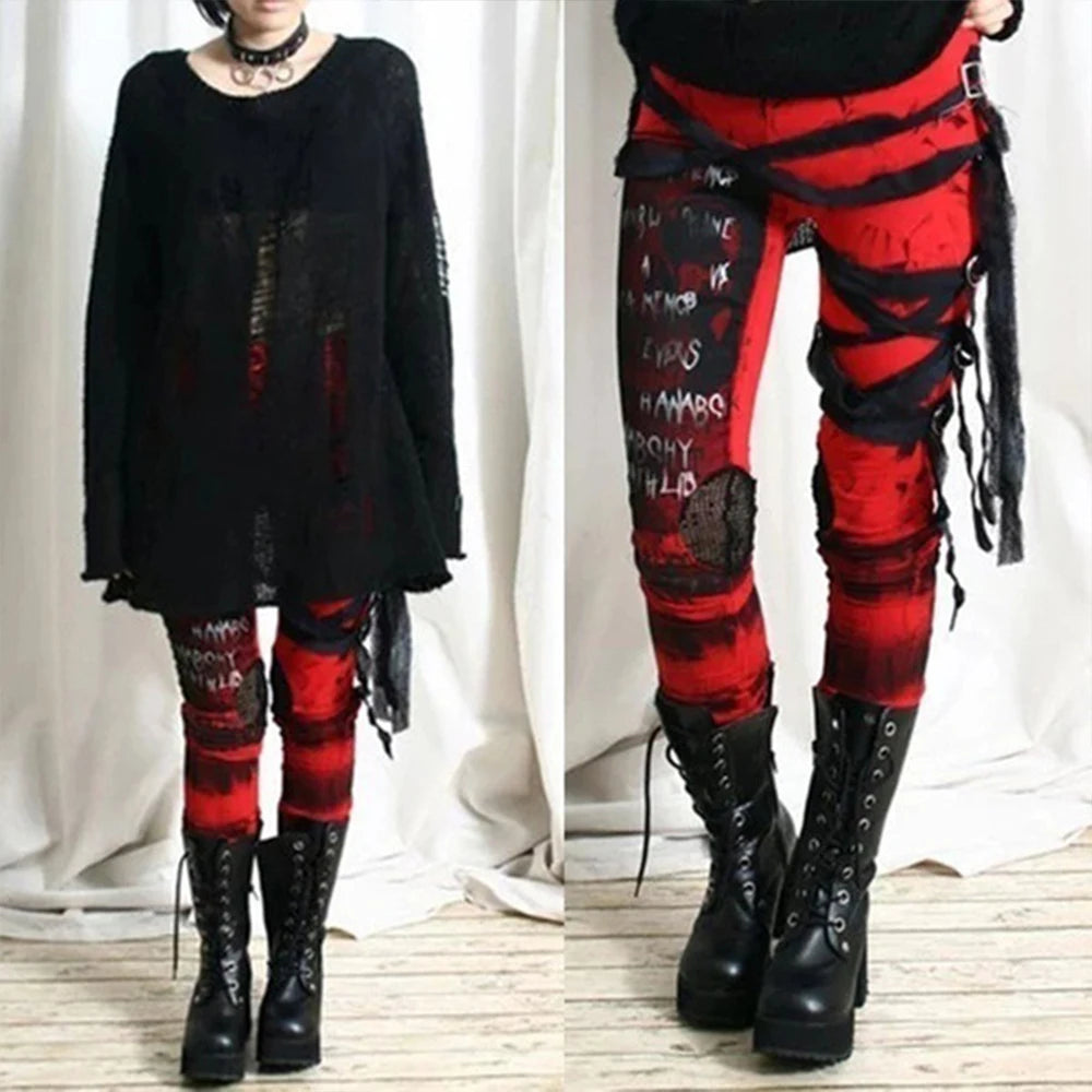 Red Black Women's Gothic Steampunk Printed Mesh Leggings Jegging Grunge Trousers