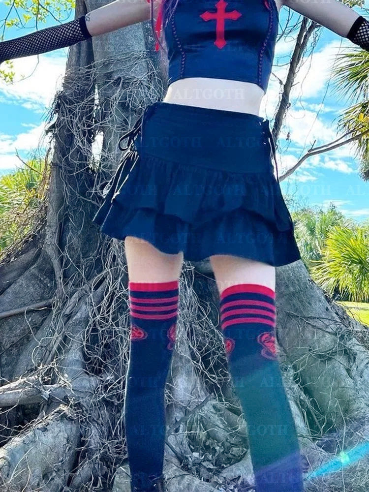 Black Gothic Cake Skirt Dark Punk Streetwear Emo Mini Skirt