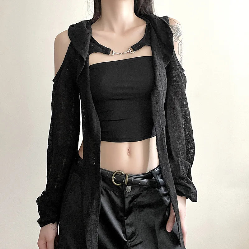 Black Alternative Grunge Open Shoulder Y2k Crop Hooded Cardigans Shrug
