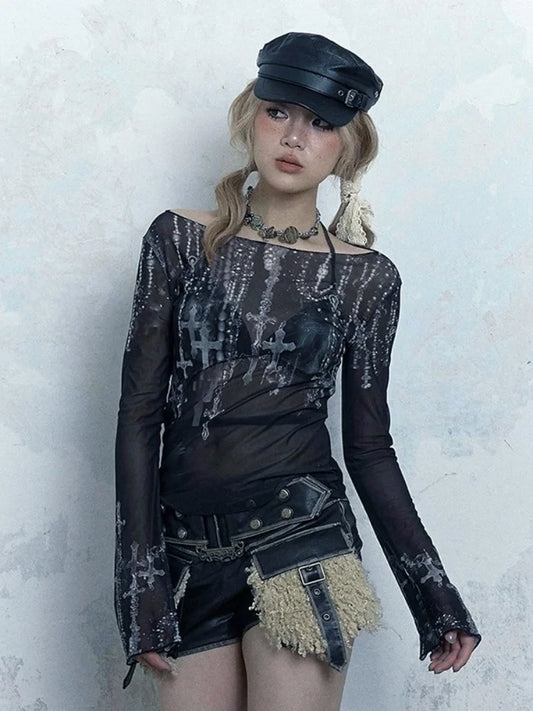 Alternative Gothic Print Sheer Long Sleeve Off Shoulder Black Top