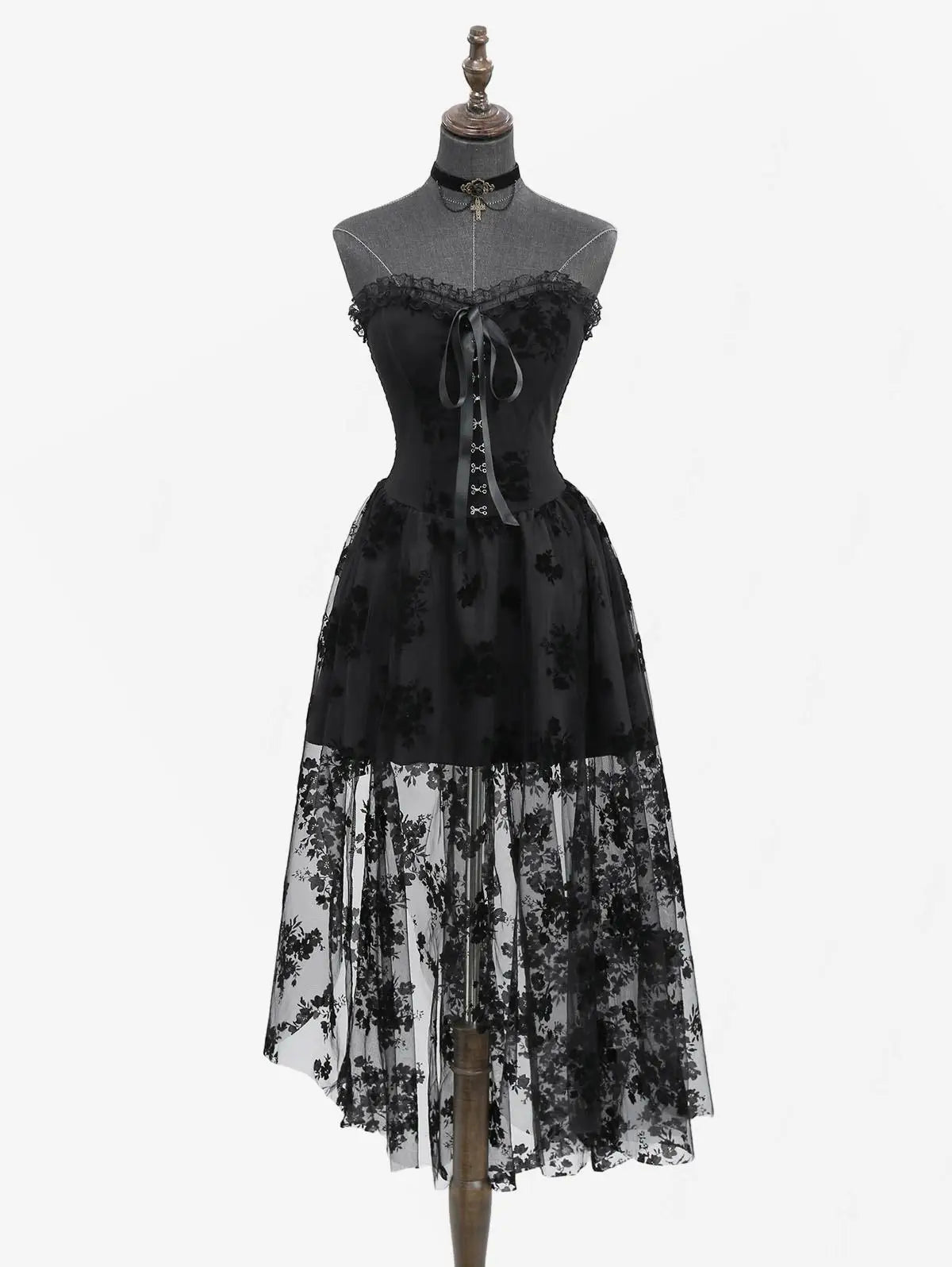 Black Lace Overlay Gothic Lace up Strapless Corset Dress