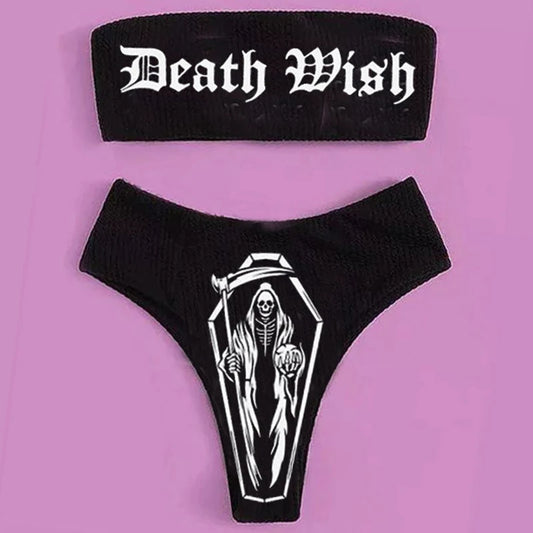 Sexy Black Gothic Print Boobtube Bikini Swimwear