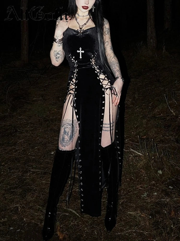 Sexy Gothic Black Dark Velvet Dress Grunge Punk Asthetic Thigh Split