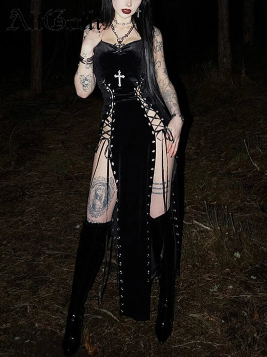 Sexy Gothic Black Dark Velvet Dress Grunge Punk Asthetic Thigh Split