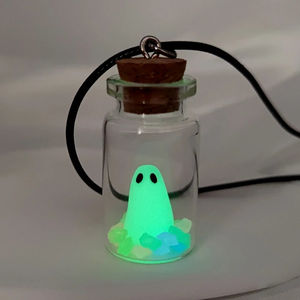 The Adopt A Ghost Necklace, Glow-In-The-Dark Halloween Necklace, Tiny Ghost in A Bottle Pendant Necklace