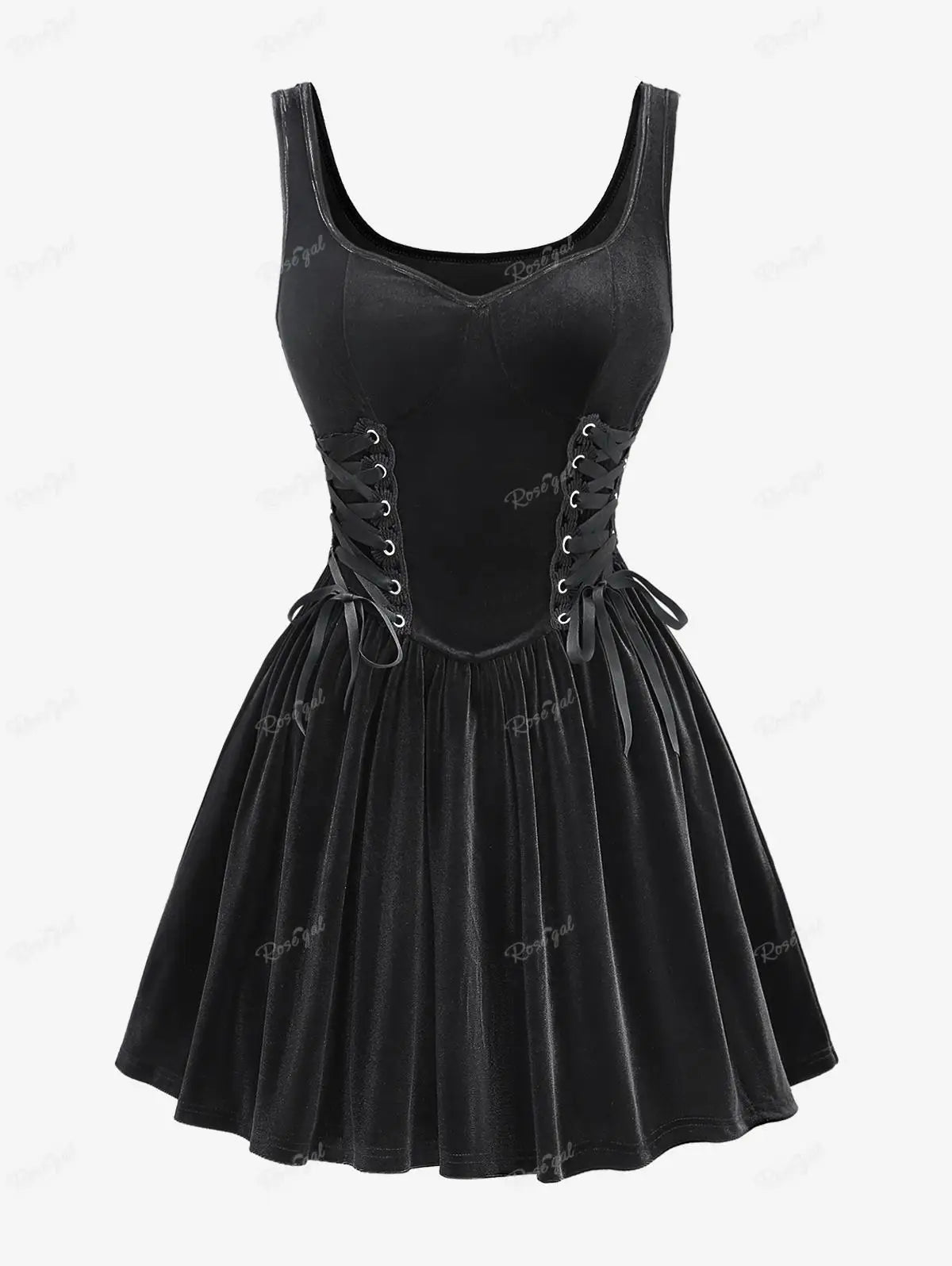 Black Velvet Gothic Lace up Sides Swing Skater Dress