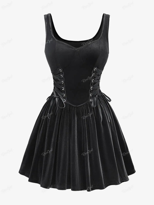 Black Velvet Gothic Lace up Sides Swing Skater Dress