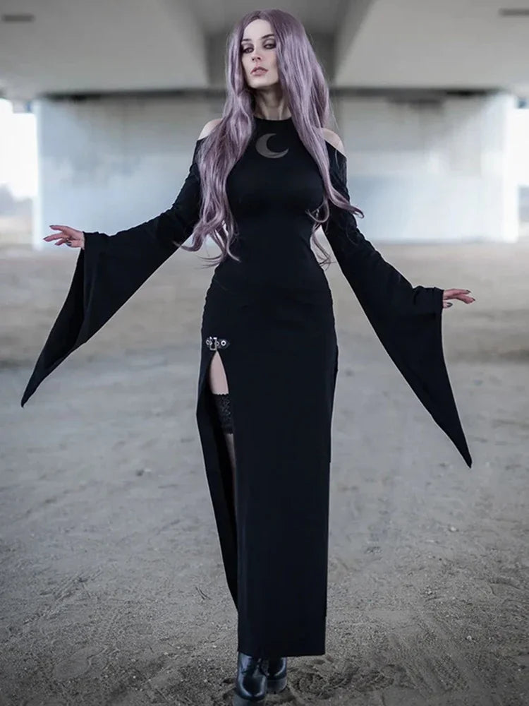 Sexy Black Long Thigh Slit Bodycon Moon Print Maxi Dress
