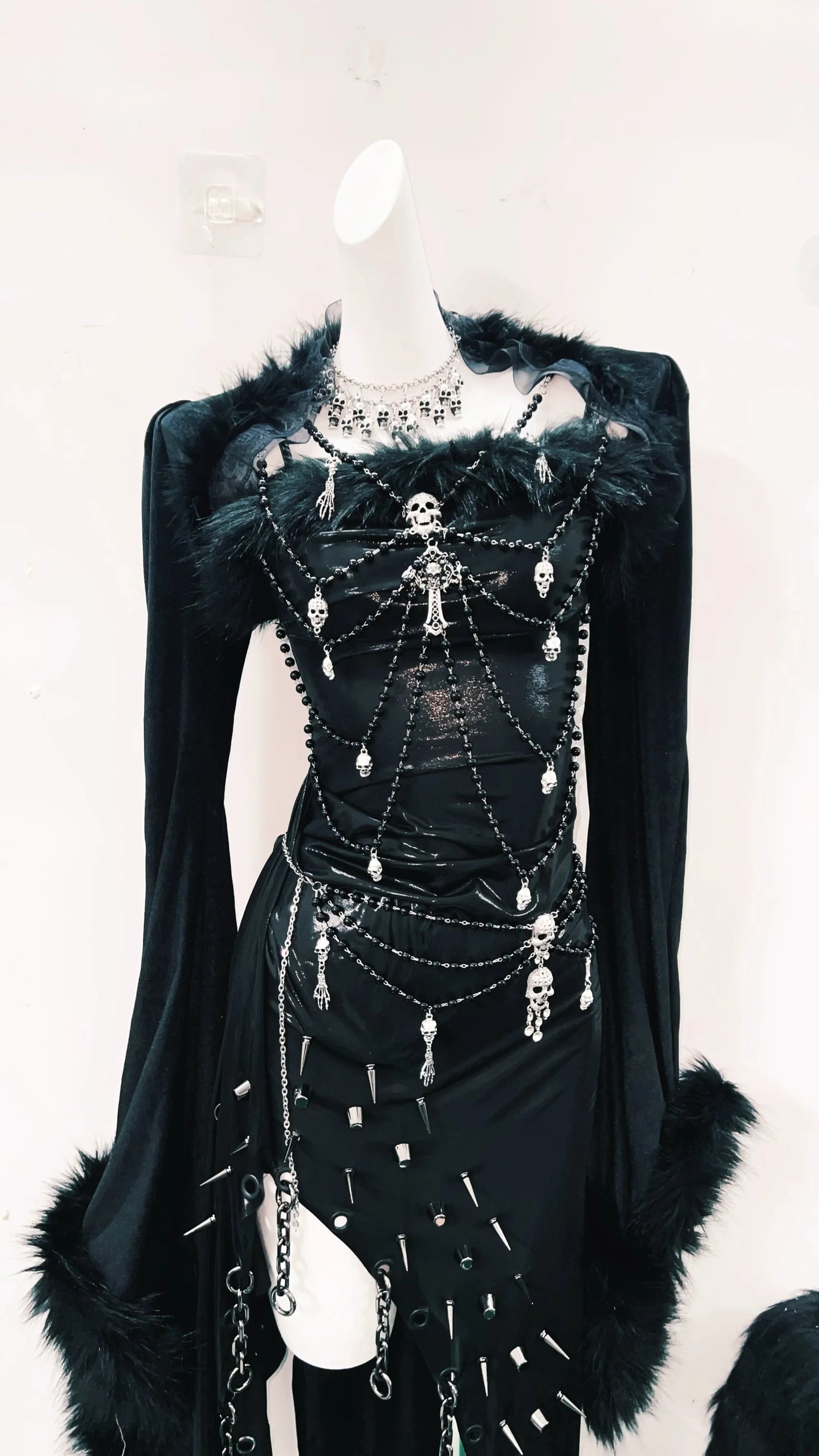 Unique Gothic Alternative Black Skull Studded Spike Asymmetrical Dress
