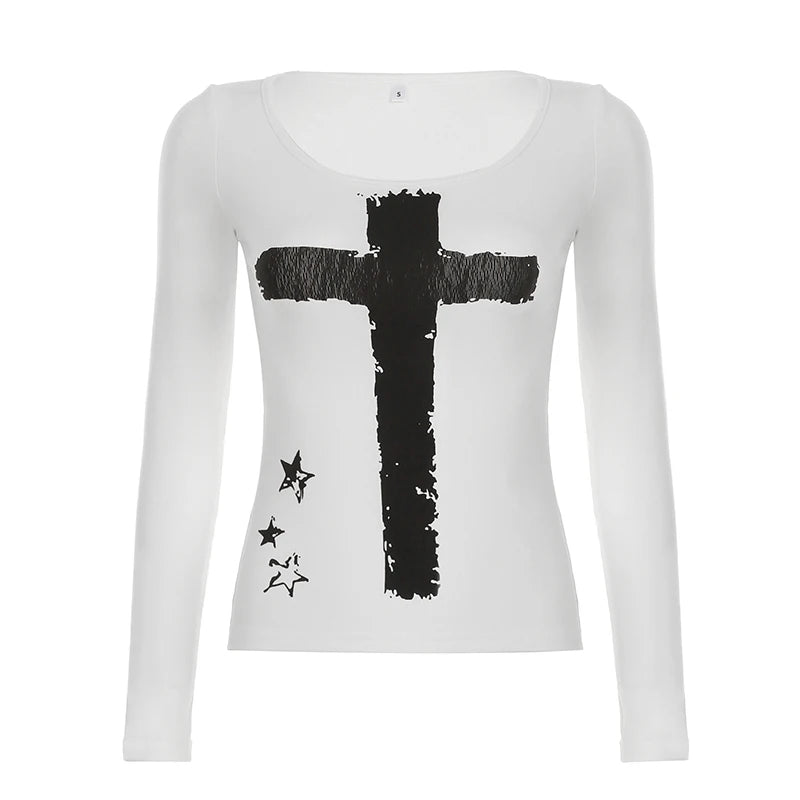 Gothic Punk Cross Print Long Sleeved White Top