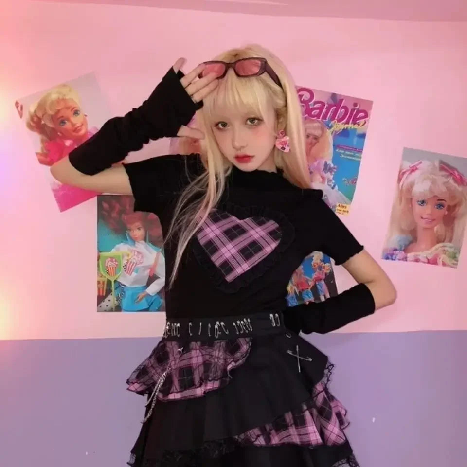 Cute Emo Black Pink Tartan Check Mini Skirt