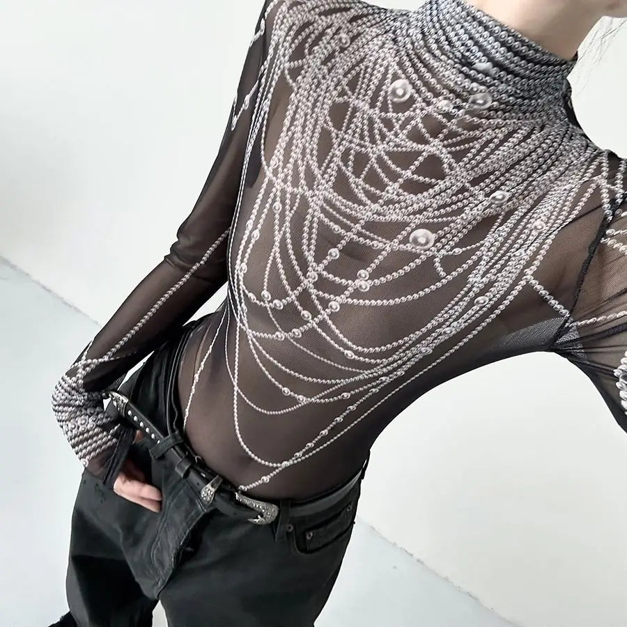 Sexy Gothic Grunge Long Sleeve Mesh Sheer Y2k Top