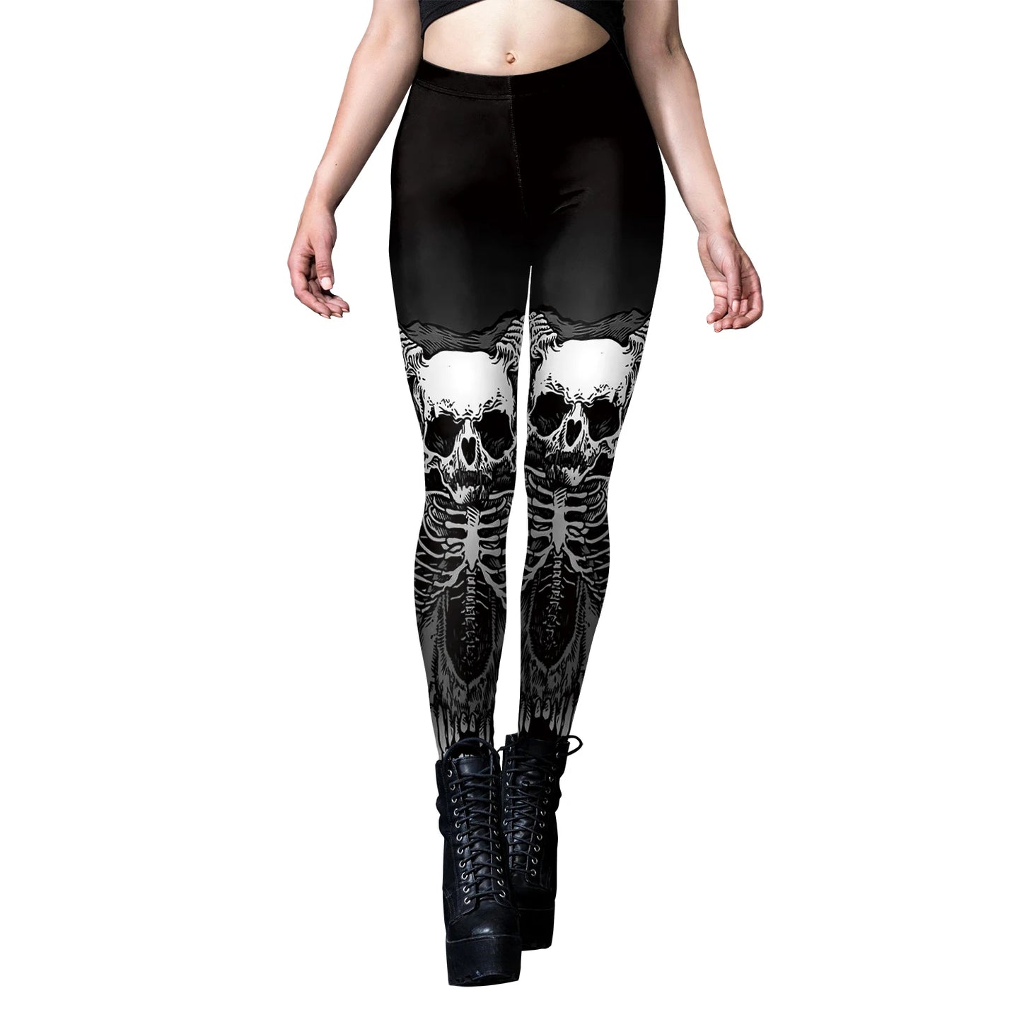 Gothic Skull Print Halloween Skeleton Print Legging Punk Fitness Ankle Pants