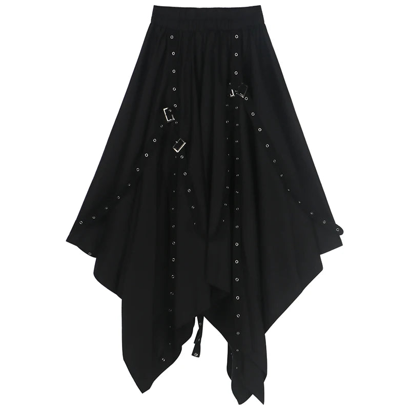Long Black Irregular Hem Gothic Punk Rivet Buckle Midi Skirt