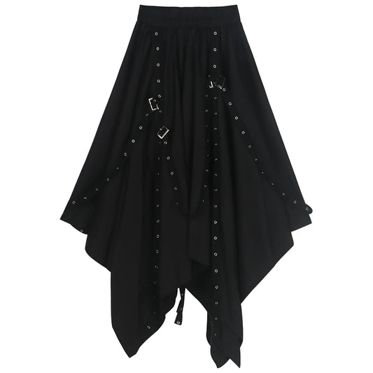 Long Black Irregular Hem Gothic Punk Rivet Buckle Midi Skirt