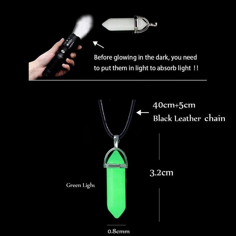 Luminous Stone Fluorescent Necklace Natural Crystal Glow in the Dark Bullet Pendant Leather Cord