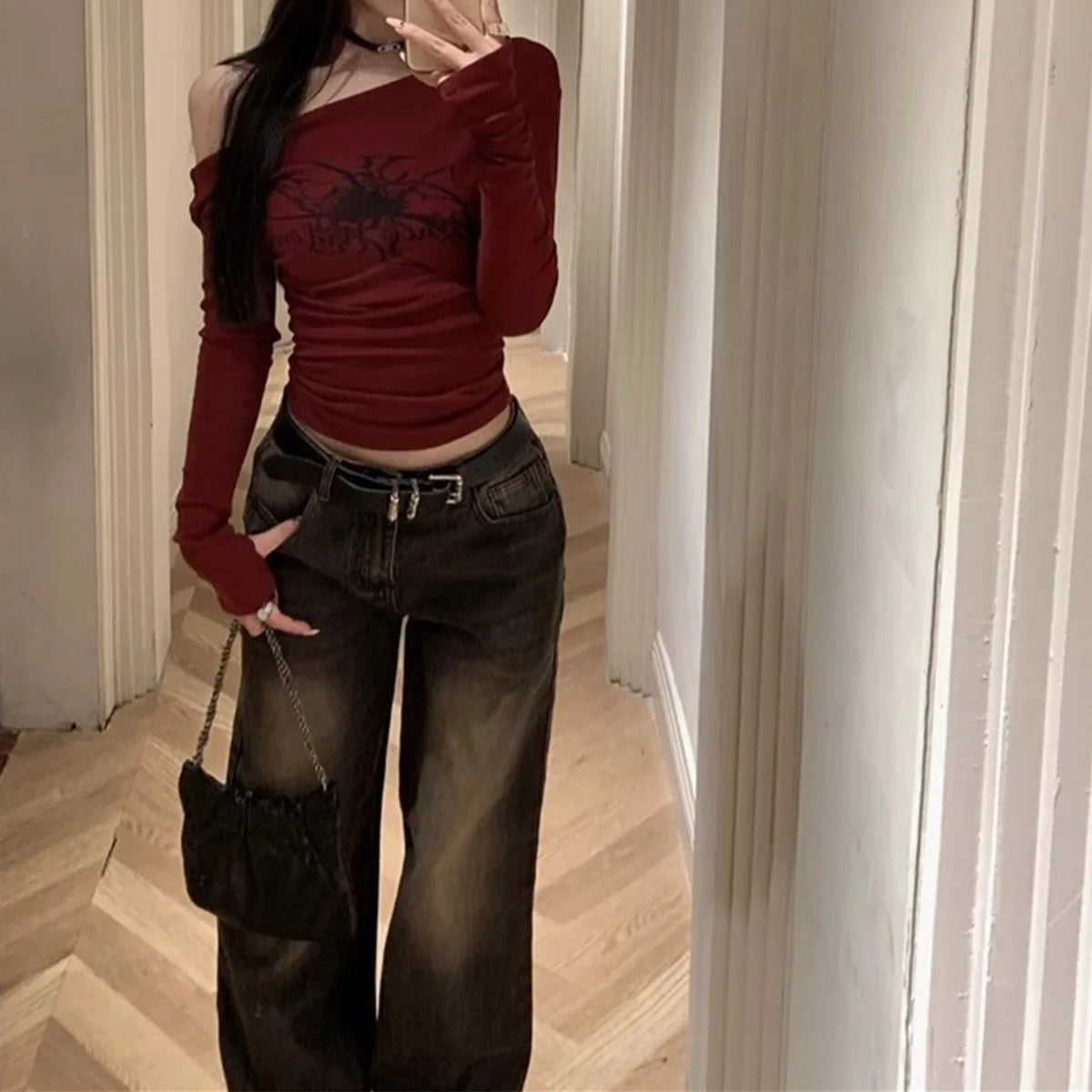Grunge Burgundy Red Gothic Print Y2K Off Shoulder Top