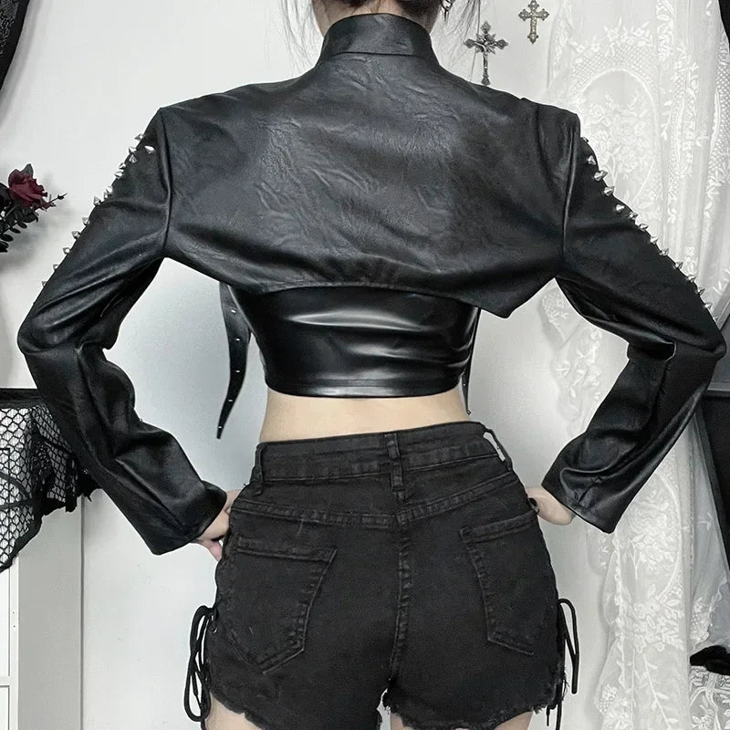 Black Punk Faux Leather Cropped Jacket Gothic Rivet Style Biker Studded Clothes