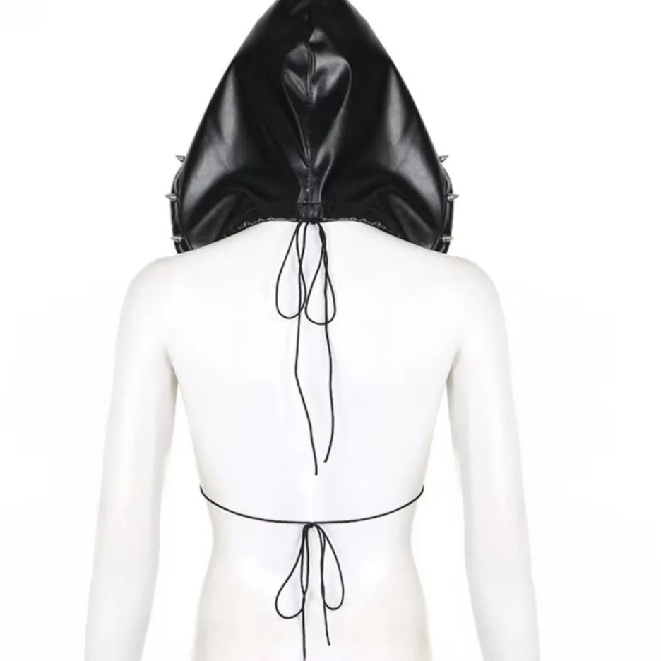 Gothic Punk Sexy Rave Spike Studded PU Leather Hooded Backless Lace Up Crop Top Bra