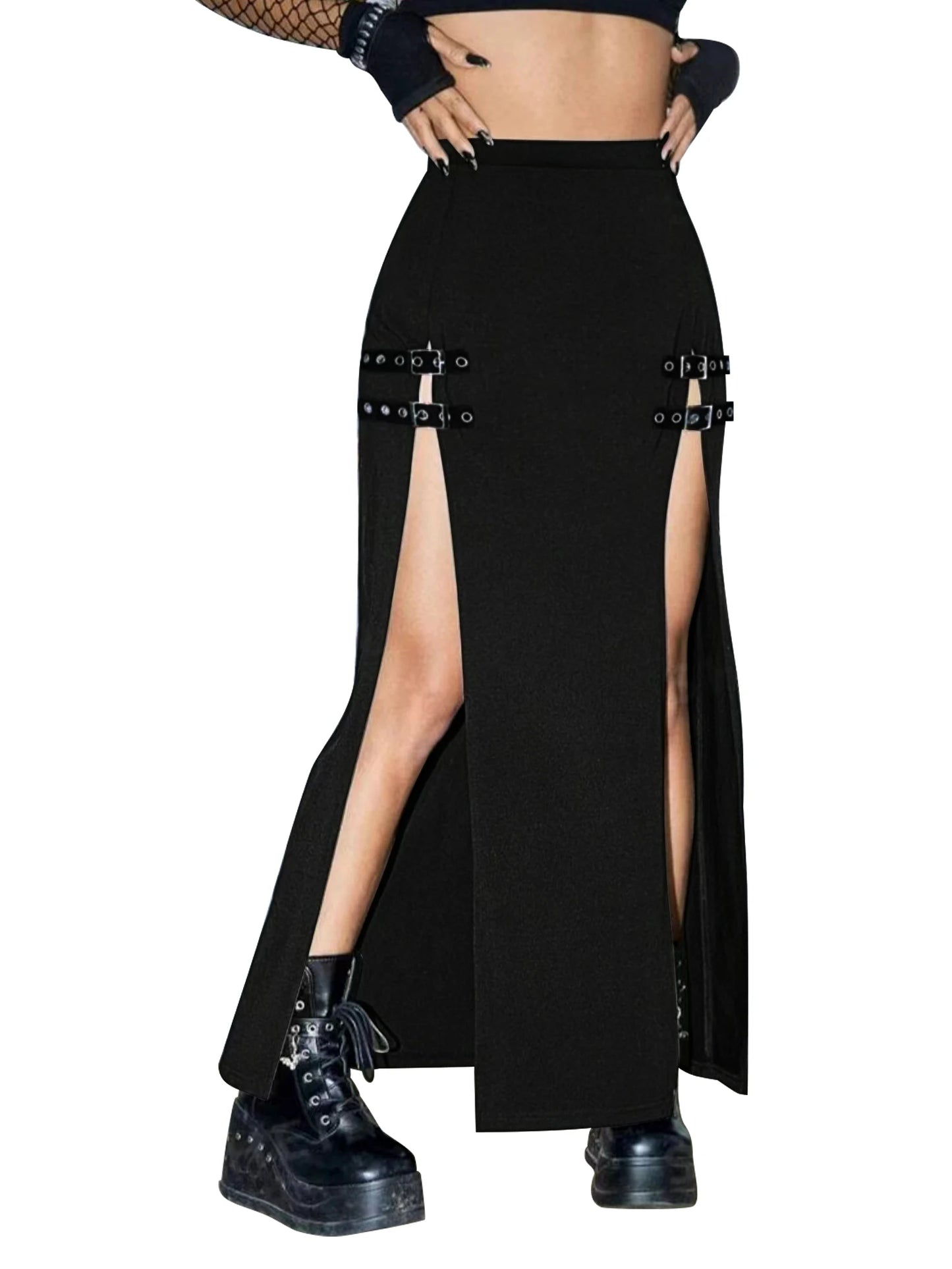 Sexy Long Black Punk Gothic Thigh Slit Buckle Skirt