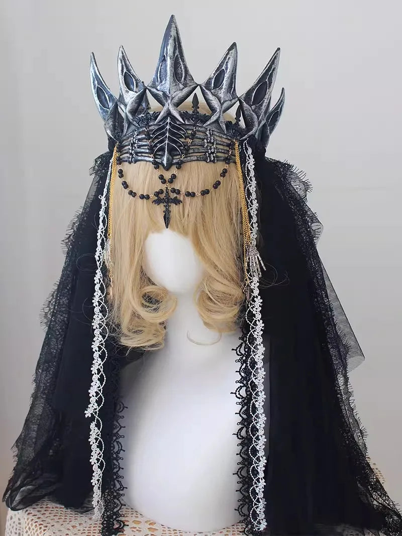Gothic Queen Dark Crown Black Lace Veil Headdress Women Anime Accessories Cosplay Props  Lolita Hair Accessories
