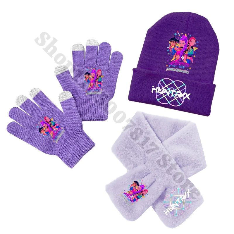 KPop Demon Hunters Kids Winter Knitted Hat Scarf Gloves Set Saja Boys K-pop Merch Huntrix Gifts