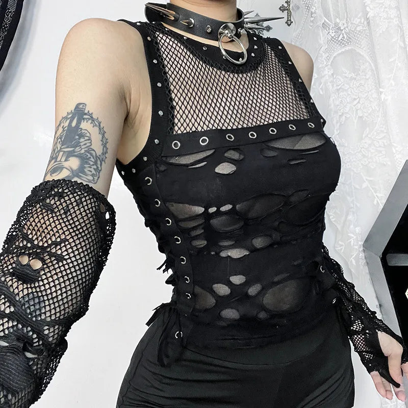 Black Gothic Fishnet Mesh Alternative Vest Top Camisole