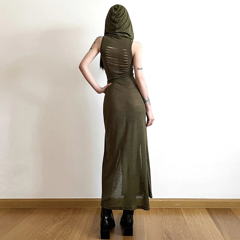 Gothic Ruffles Grunge Mesh Ripped Sleeveless Long Hooded Dress
