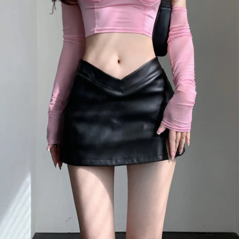 Sexy Black V Waist PU Leather Mini Skirt