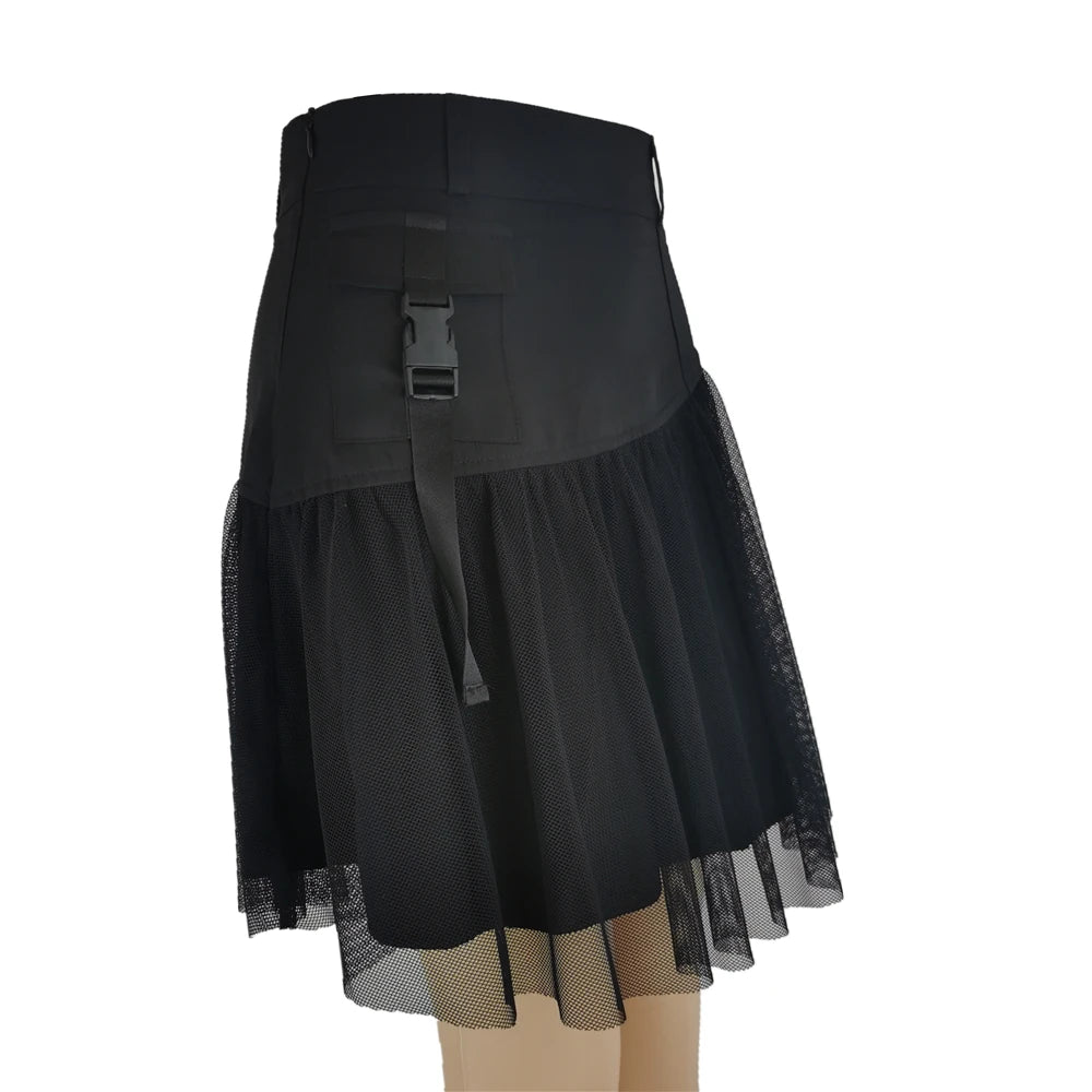 Black Punk Gothic Pleated Net Tulle Pockets Skirt