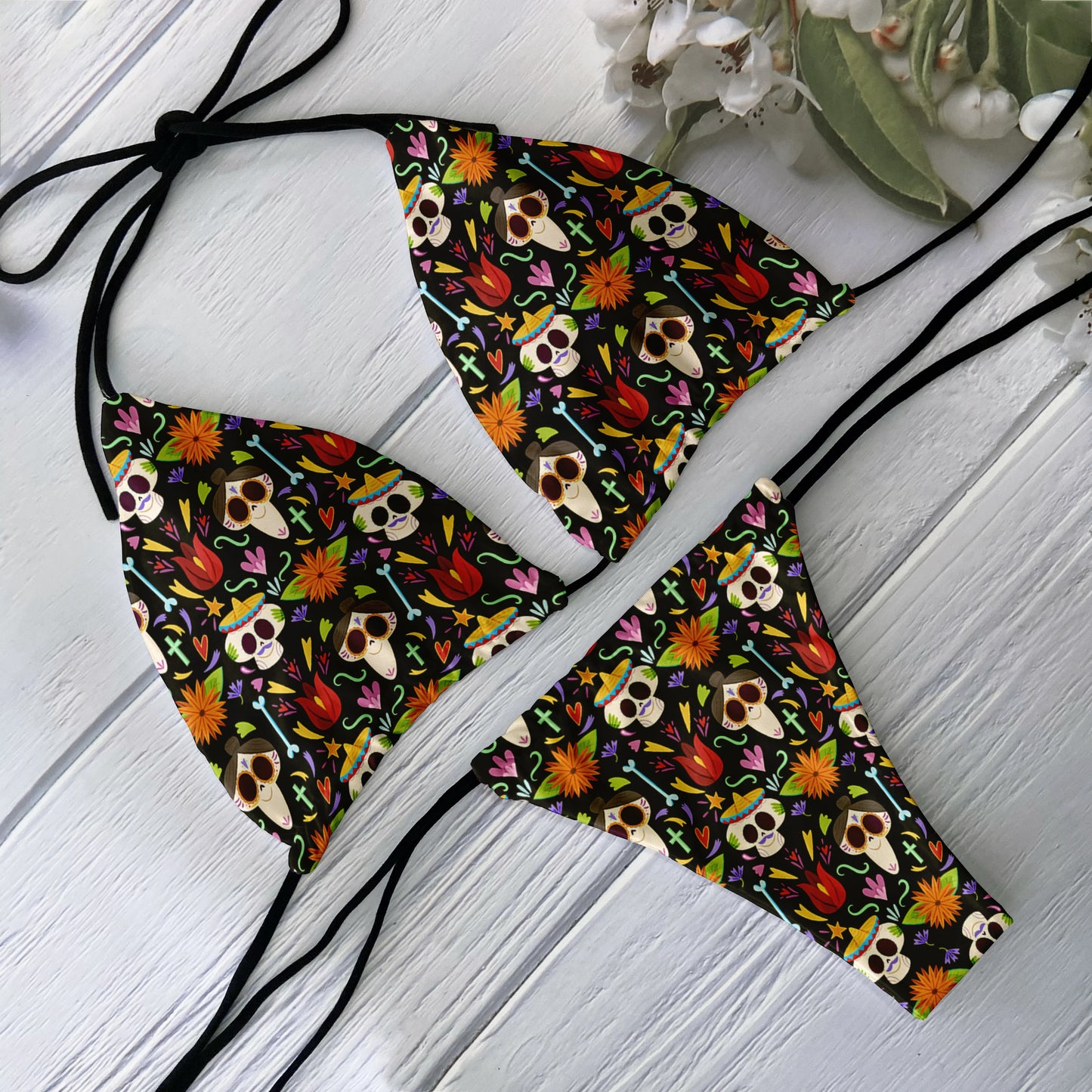 Sexy Halloween Gothic Skeleton Print Halter Bikini Swimwear